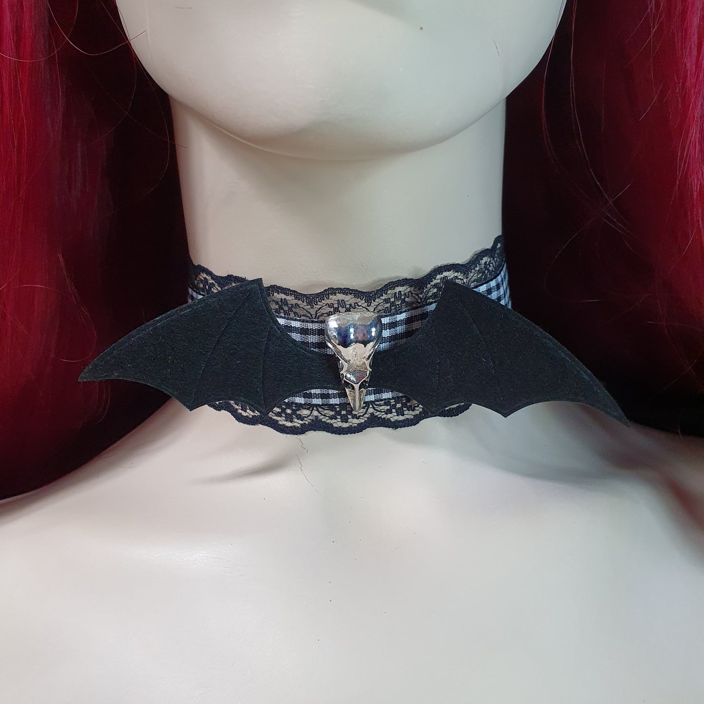 Choker, Schwarz/Weiß, Karoband, Rabenschädel, Fledermaus, Unisize