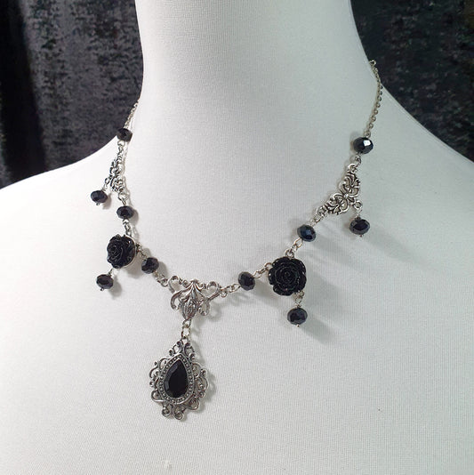 Choker, Halskette, Gothic Stil, Schwarze Rosen & Ornamente