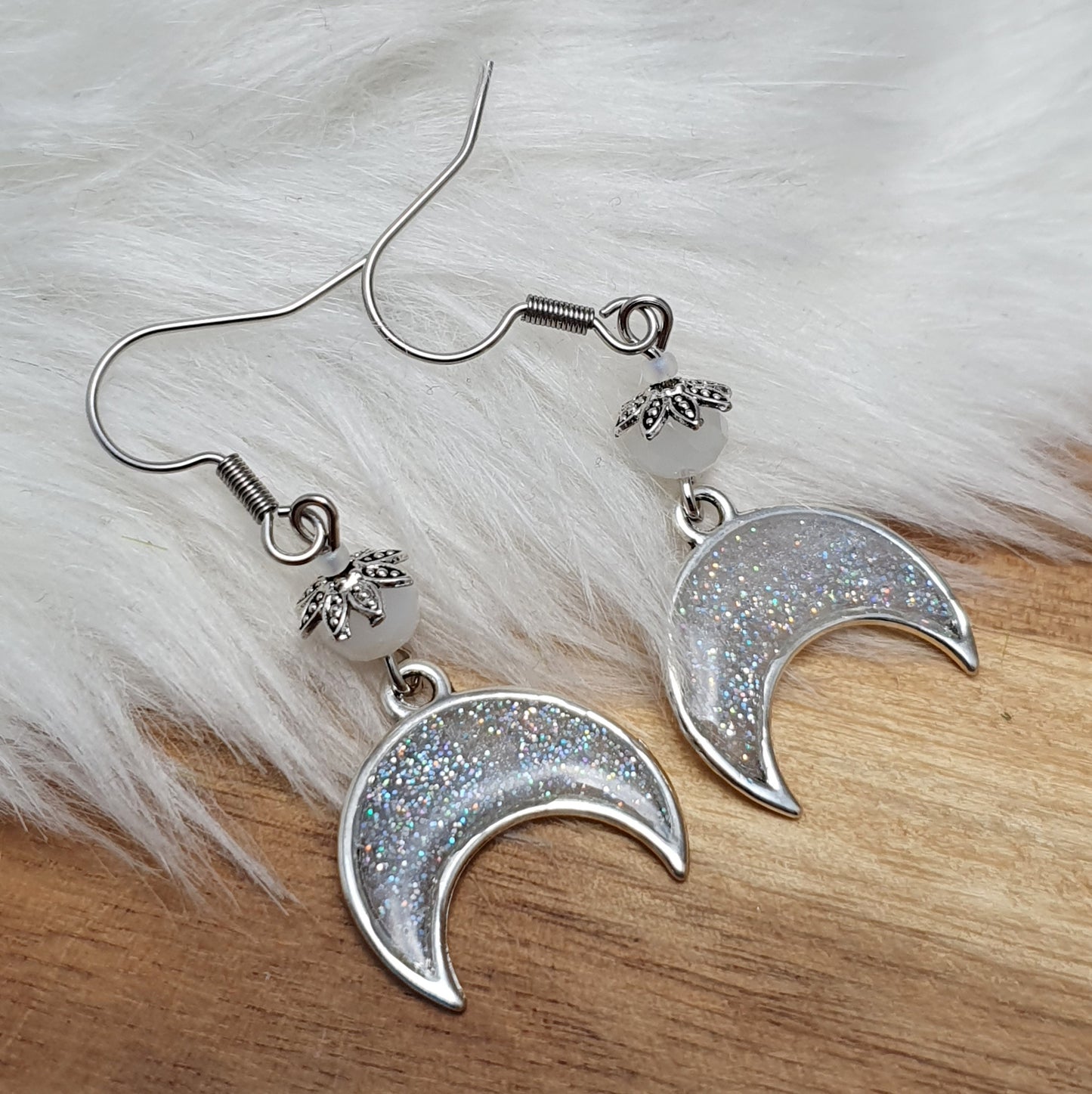 Ohrhänger, Glitzernder Mond, Clear, an Haken aus Edelstahl