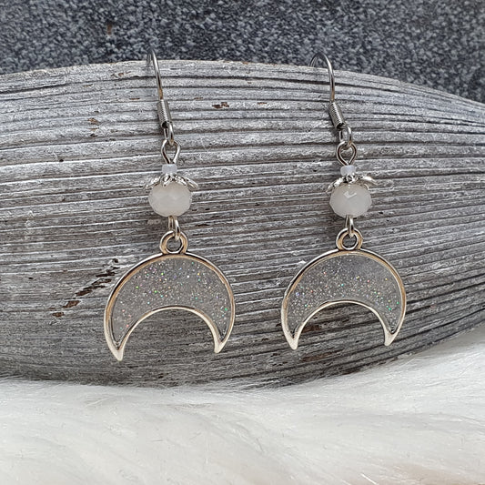 Ohrhänger, Glitzernder Mond, Clear, an Haken aus Edelstahl