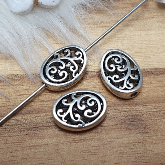3 Metallperlen, Spacer, Floral, 12x10mm, Oval, Schmuck Basteln