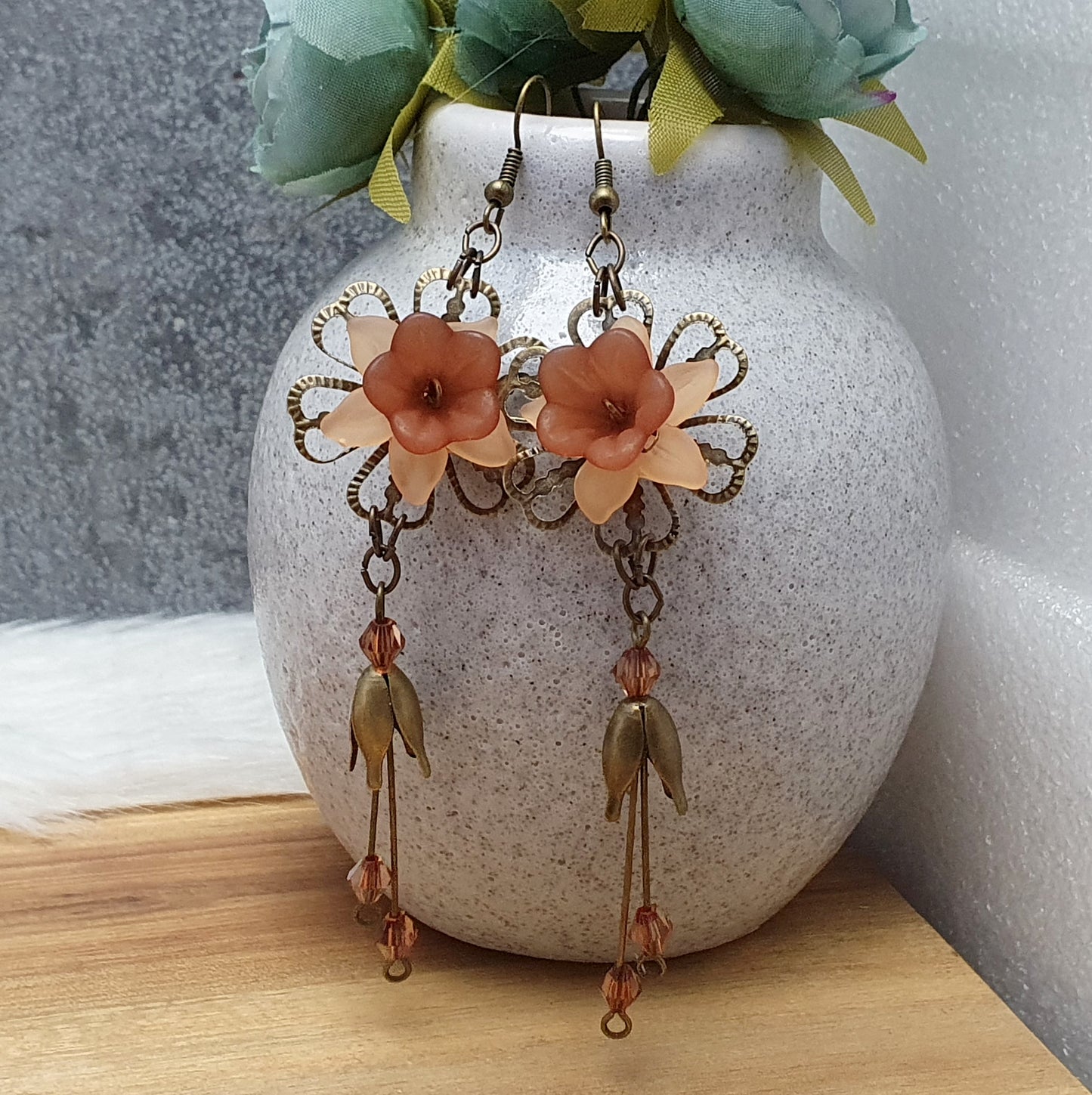 Orhänger, Blumen, Braun, Vintage, Shabby Chic, Extra lang