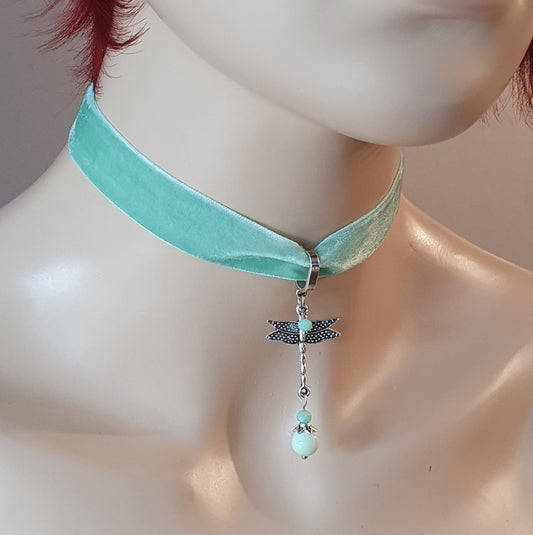 Choker pastellig mint, Samt, Libelle, Dirndlschmuck