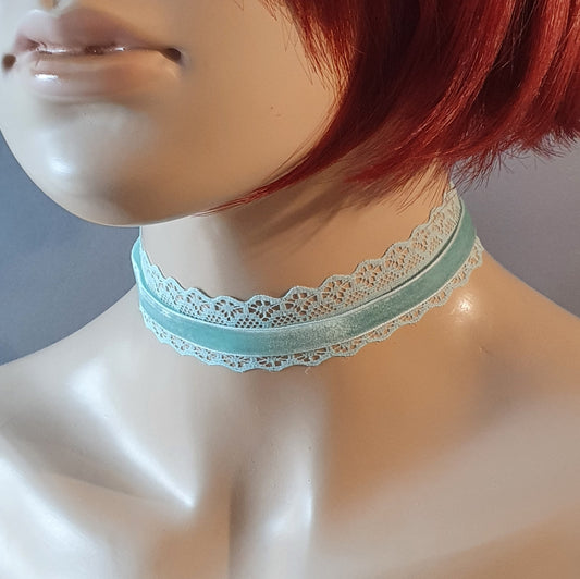 Choker pastellig mint, Samt, Spitze, ohne Anhänger