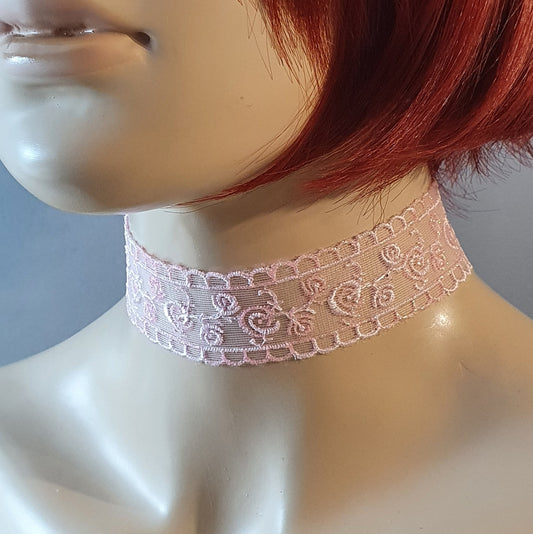 Choker, Halsband, rosa Spitze mit Blumenstickerei