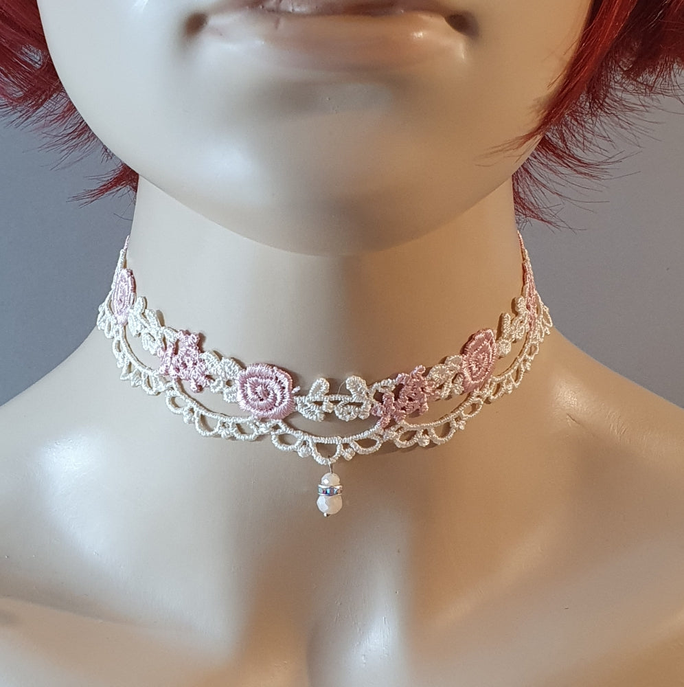 Choker, Halsband, Bogenspitze, Cremeweiß, Röschen