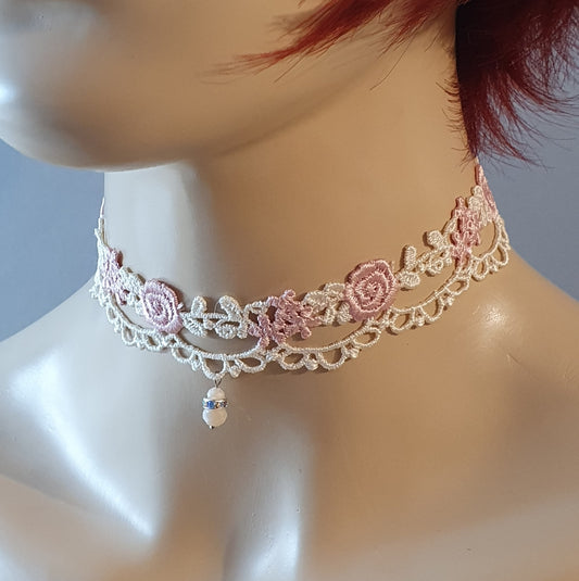 Choker, Halsband, Bogenspitze, Cremeweiß, Röschen