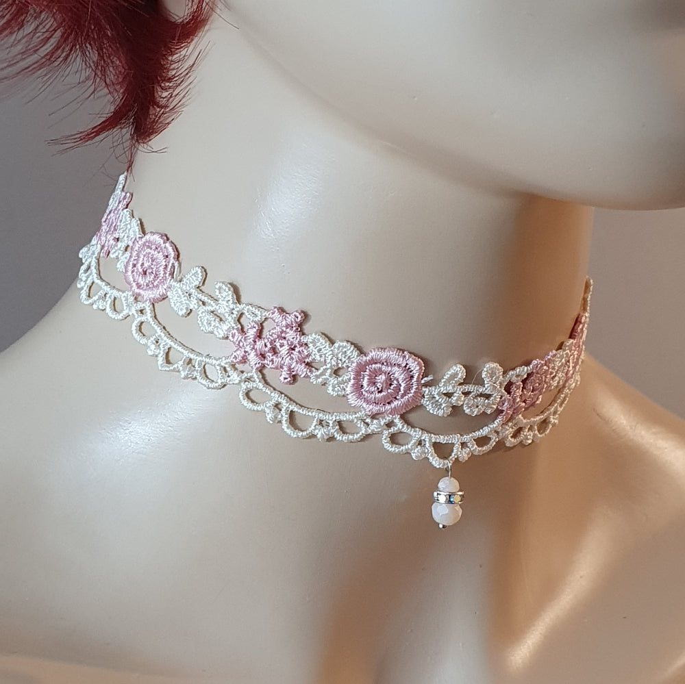 Choker, Halsband, Bogenspitze, Cremeweiß, Röschen