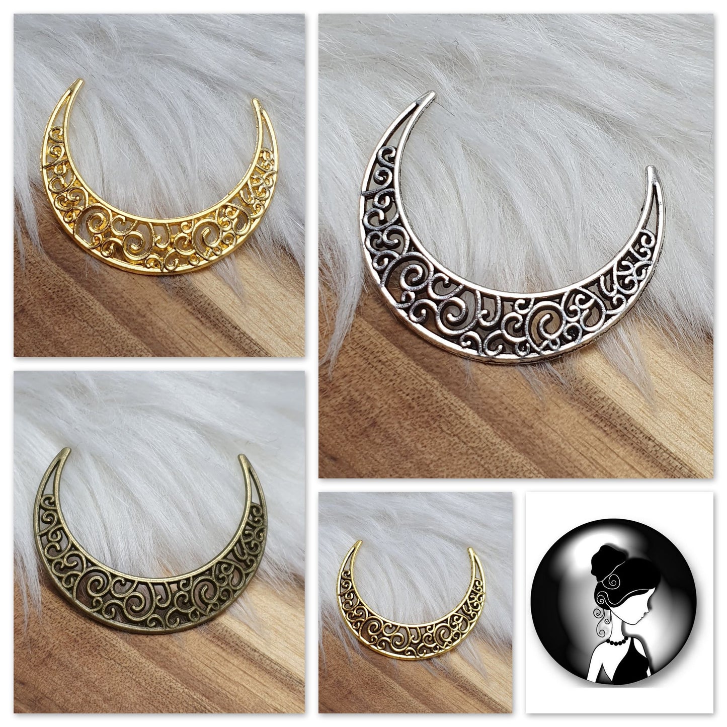 2x Verbinder filigraner Mond, ohne Ösen, 38mm
