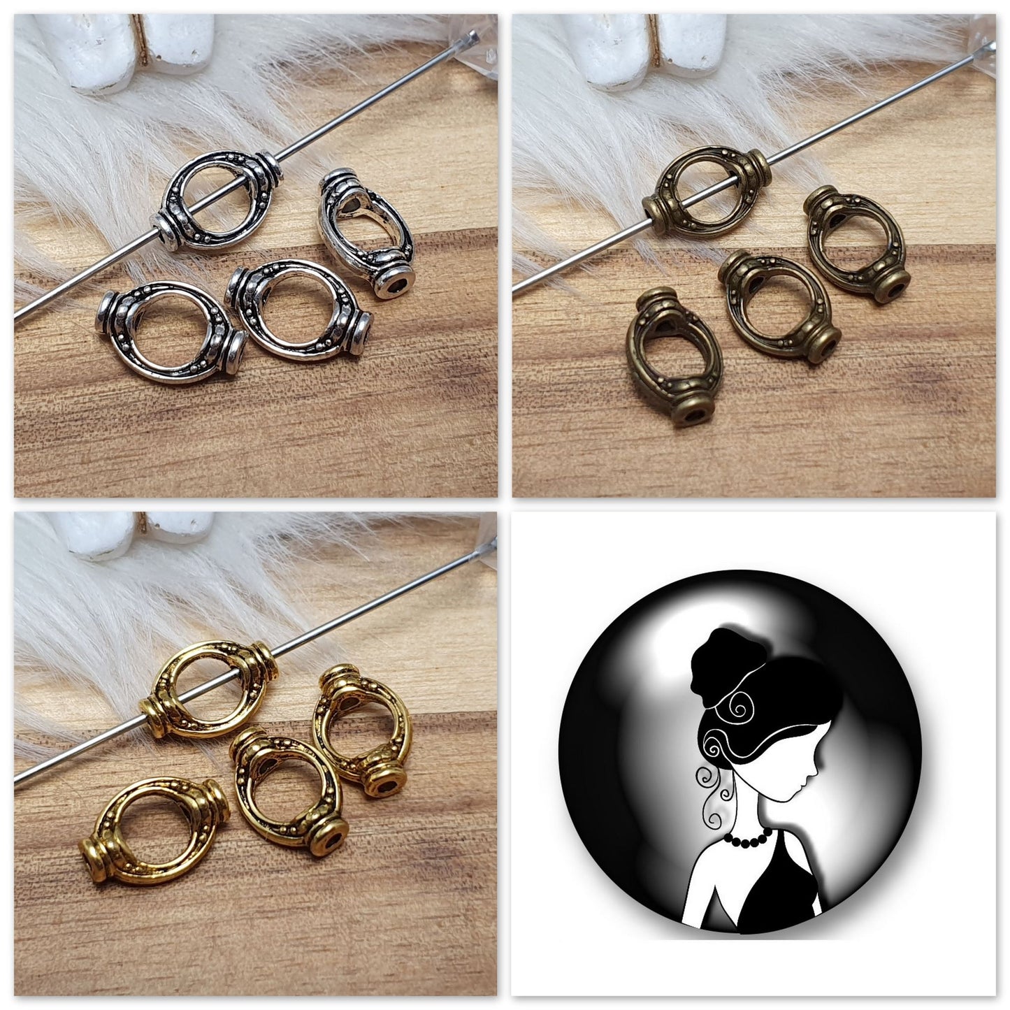 4 Metallperlen, Spacer, Rahmen, 11x7mm, Oval, Schmuck basteln