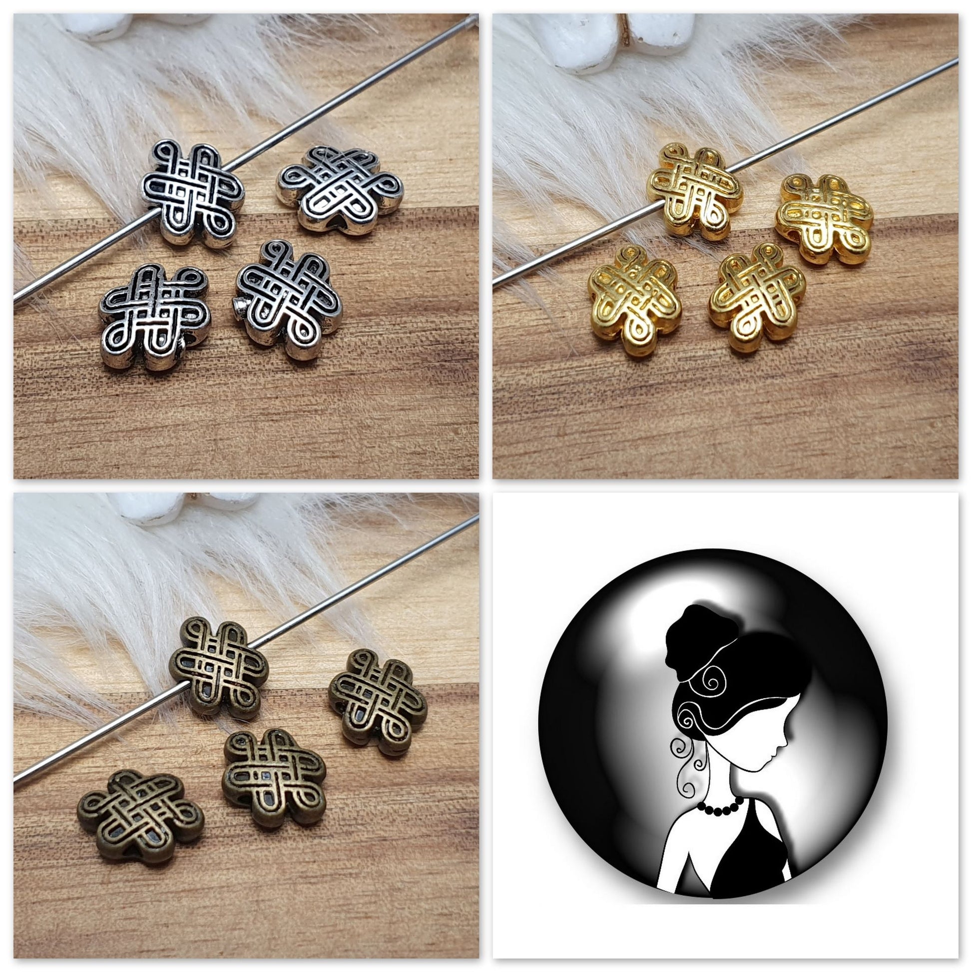 4 Metallperlen, Spacer, Knoten, 7x11mm, Schmuck Basteln