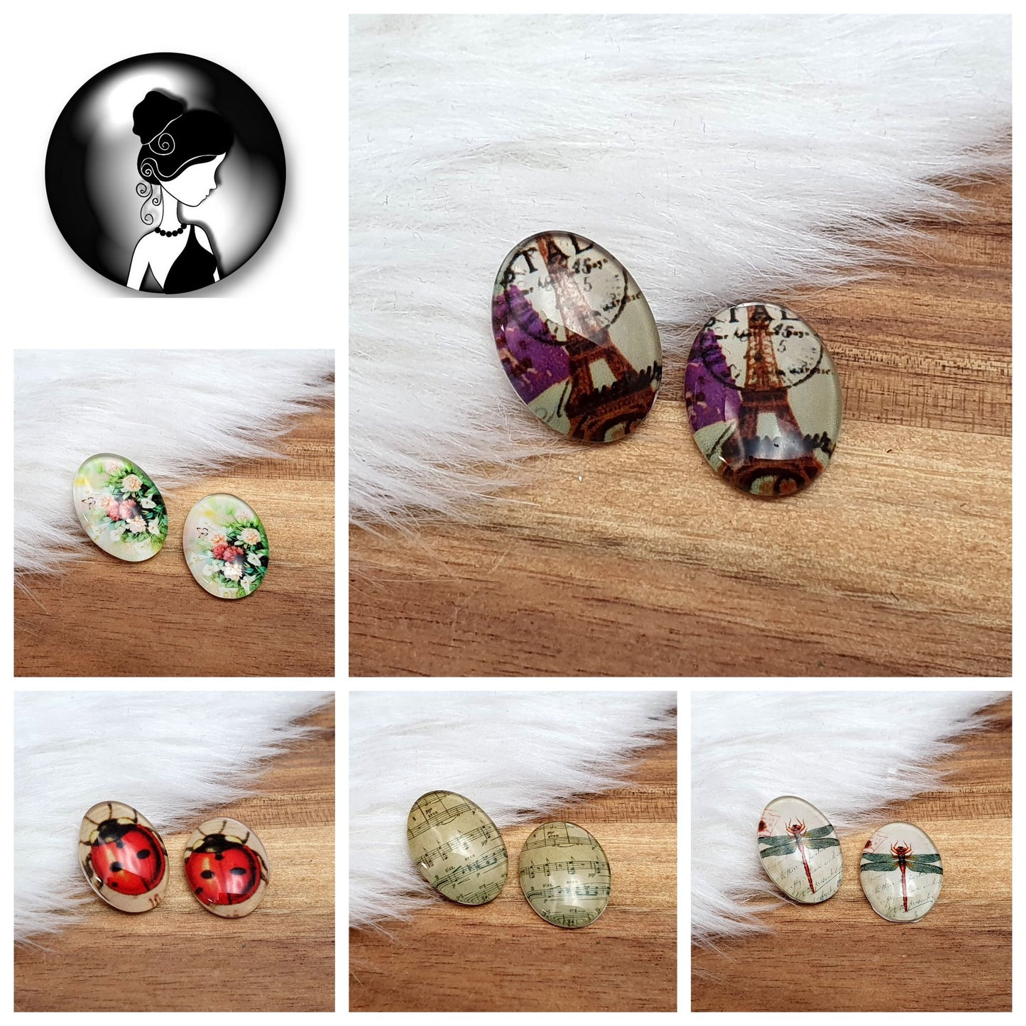 2 Cabochons, Glas, Oval, 13x18mm, mit verschiedenen Motiven, Schmuck DIY