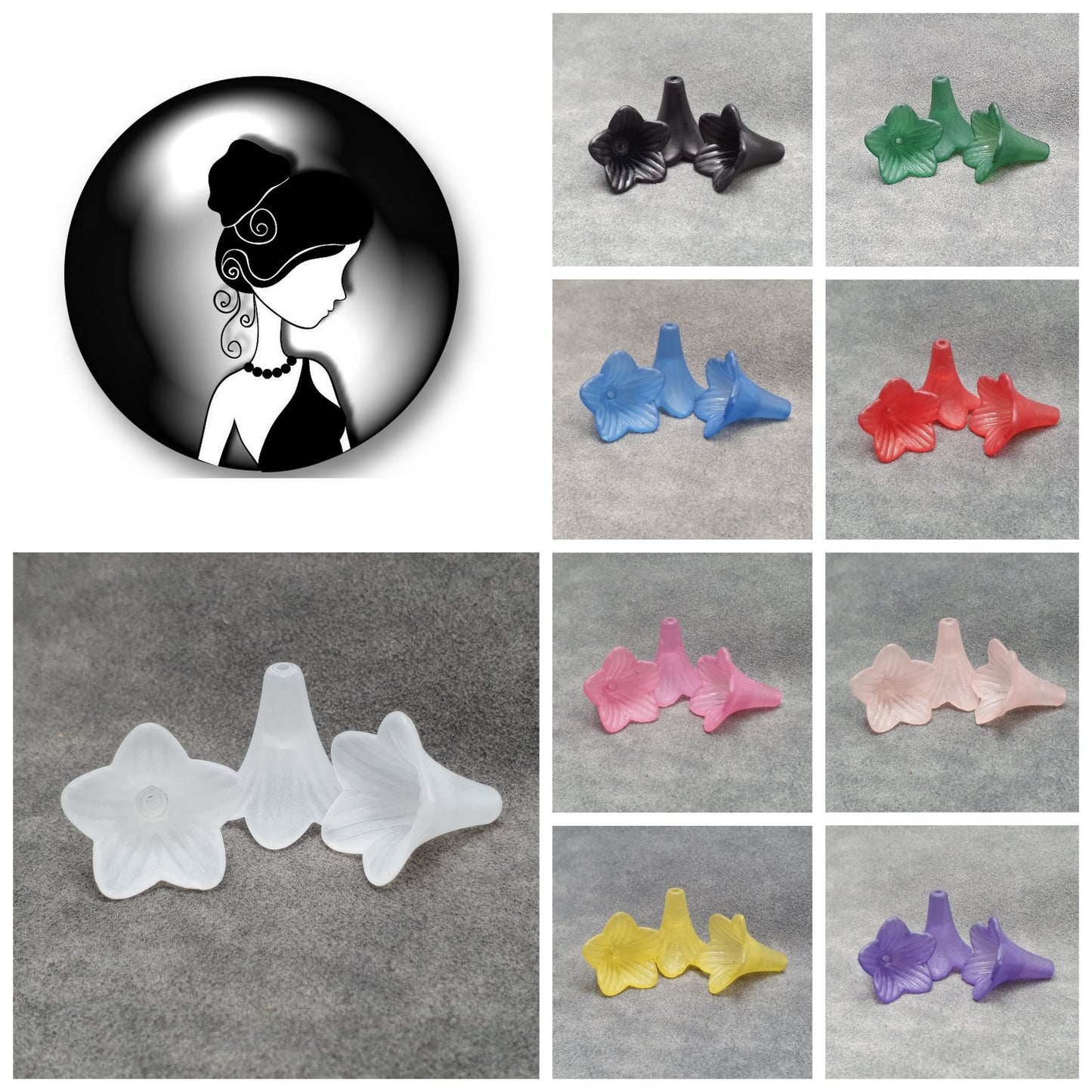 6 Acrylperlen, Große Blüten, 24mm, Kelche, Gefrostet, verschiedene Farben