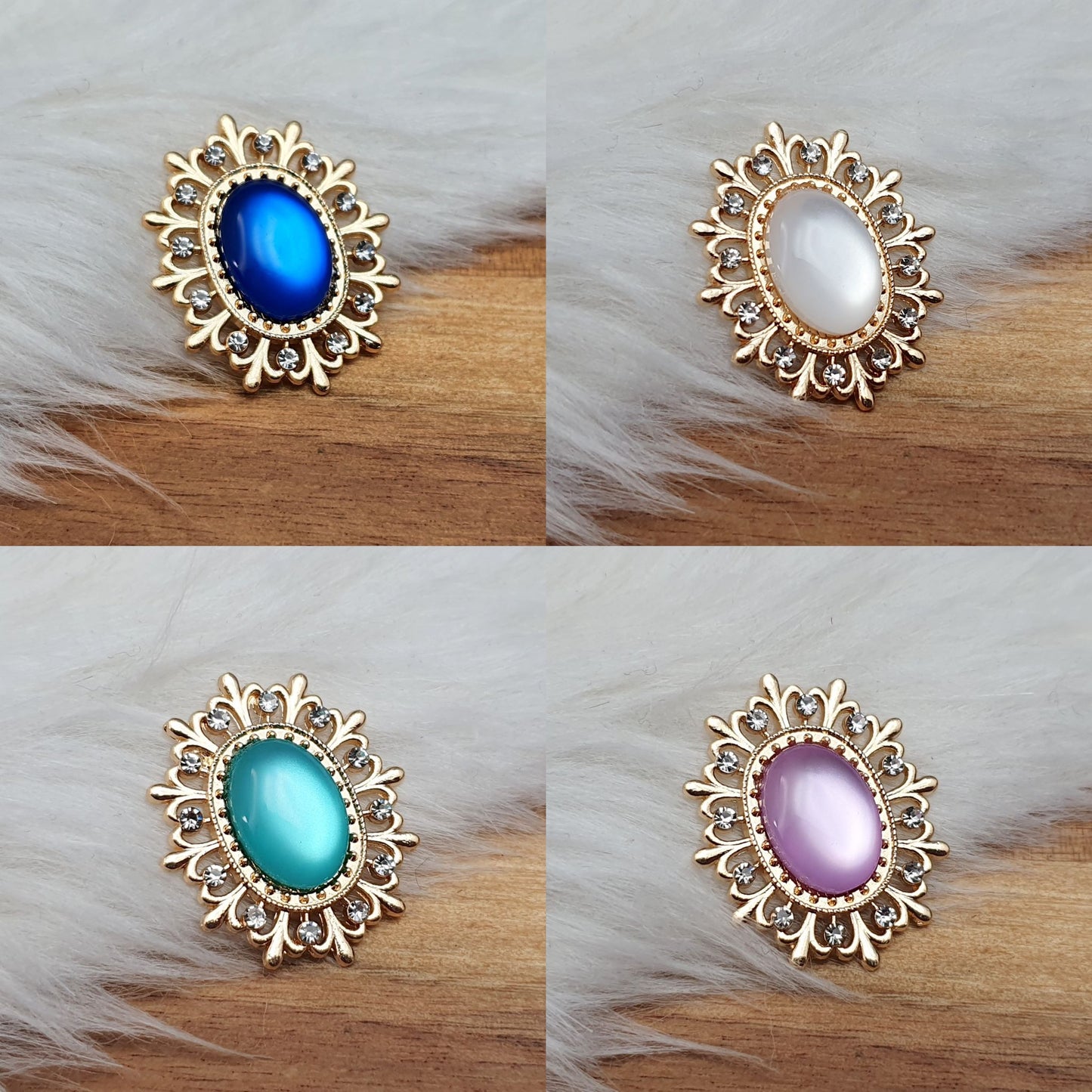 Vergoldetes Zierelement mit Strass & Cabochon, Moonstoneoptik, 29x25mm
