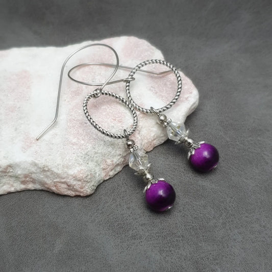 Ohrringe, Ohrhänger, Violett/Schwarze Kugeln, silberfarbig