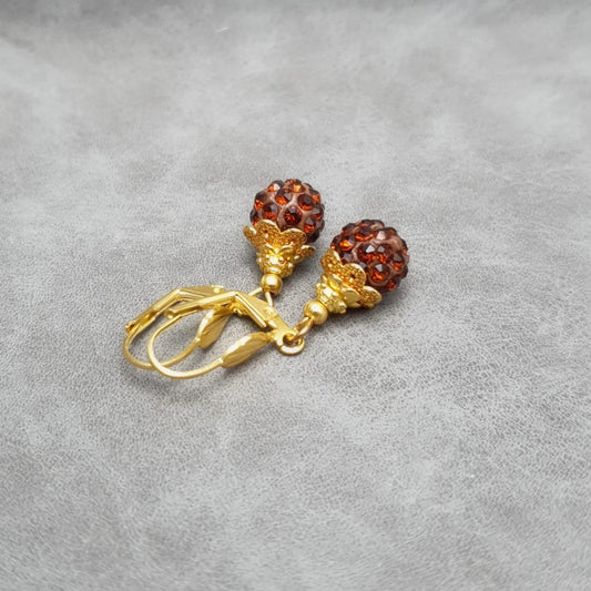 Ohrringe, Ohrhänger, Glitzerkugeln, Shamballa, Straßperlen, Braun, vergoldet