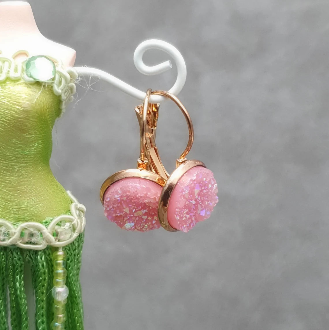 Ohrringe, Ohrhänger, Glitzer, Rosa, Cabochon, Rosegold vergoldet