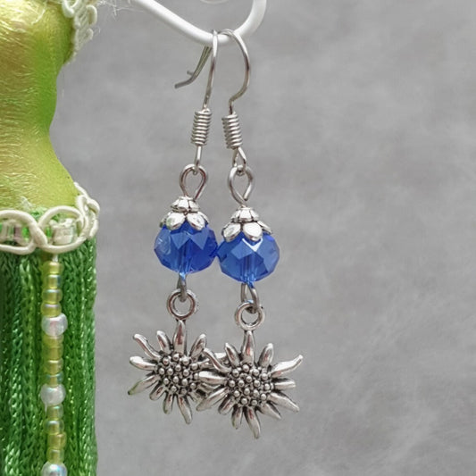 Ohrringe, Ohrhänger, Edelweiß, blaue Glasperlen