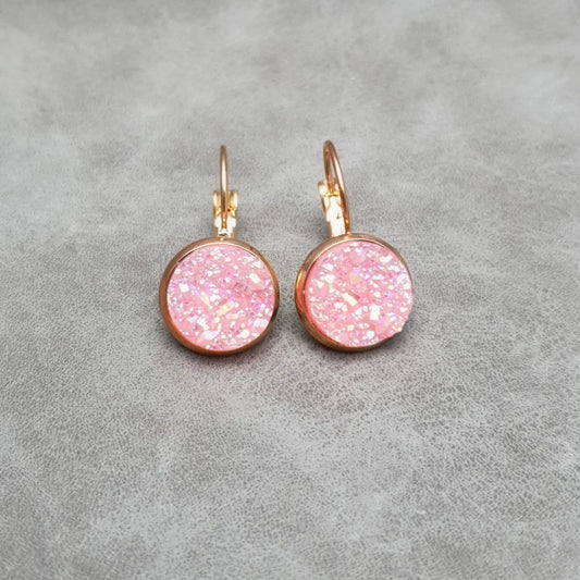 Ohrringe, Ohrhänger, Glitzer, Rosa, Cabochon, Rosegold vergoldet
