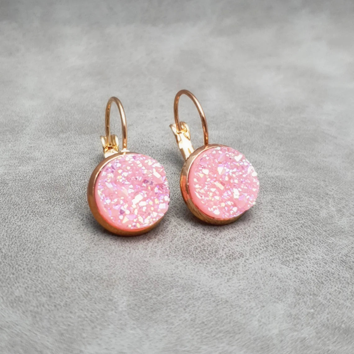 Ohrringe, Ohrhänger, Glitzer, Rosa, Cabochon, Rosegold vergoldet