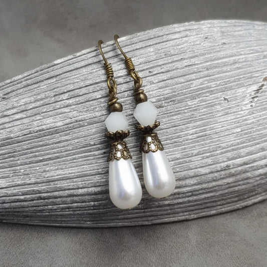 Ohrhänger, Nostalgie, Tropfen, Antik Bronzefarbig, Vintage, Weiß