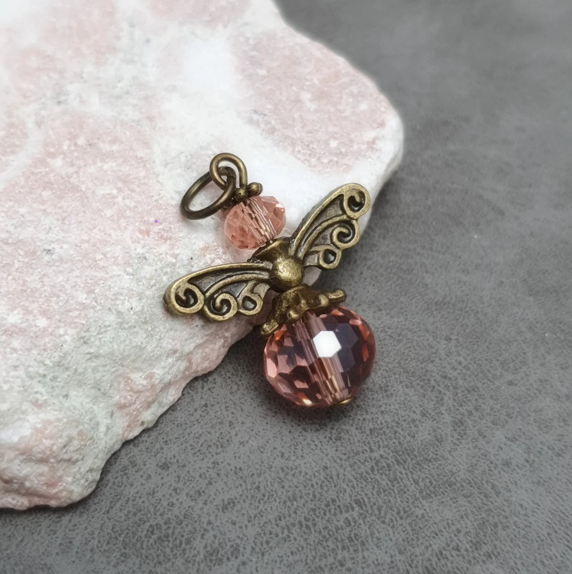 Anhänger Perlenengel, Kristallglas, Rosa, Antik Bronzefarbig, Liebe, Optimismus