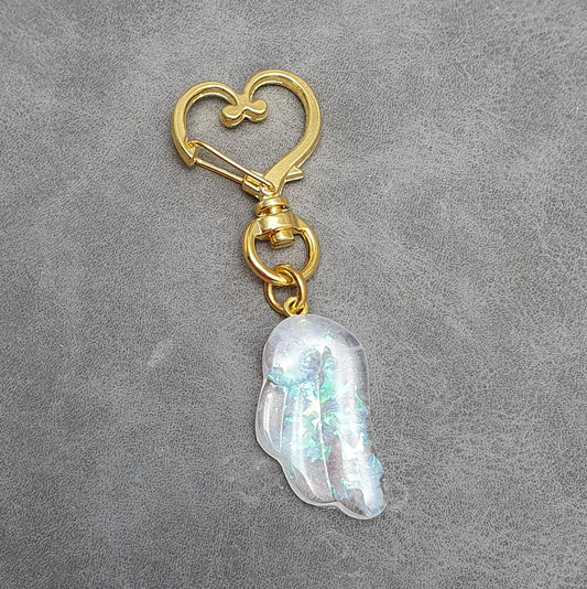 Taschenbaumler, Schlüsselanhänger, Engelsflügel Weißlich, Vergoldeter Herzkarabiner