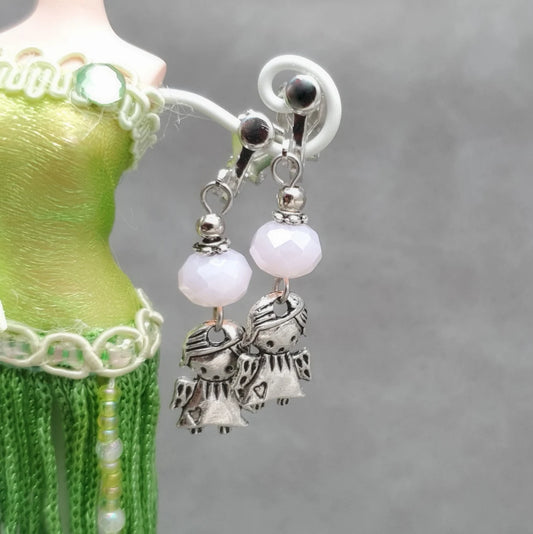 Ohrhänger,Ohrclips, kleiner Engel, Rosa Glasperle, Kein Ohrloch