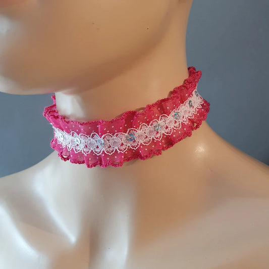 Choker, Kropfband, Quietschpink, mit Pailletten, gerüscht