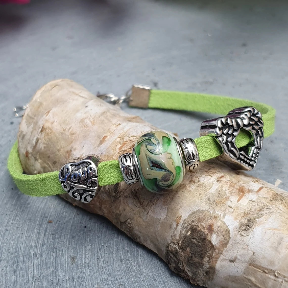 Armband, Velour, Grün, Love, Herz, Engelsflügel