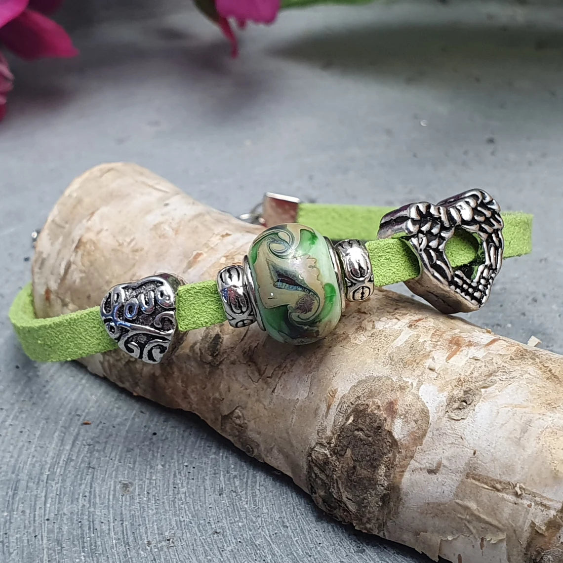 Armband, Velour, Grün, Love, Herz, Engelsflügel