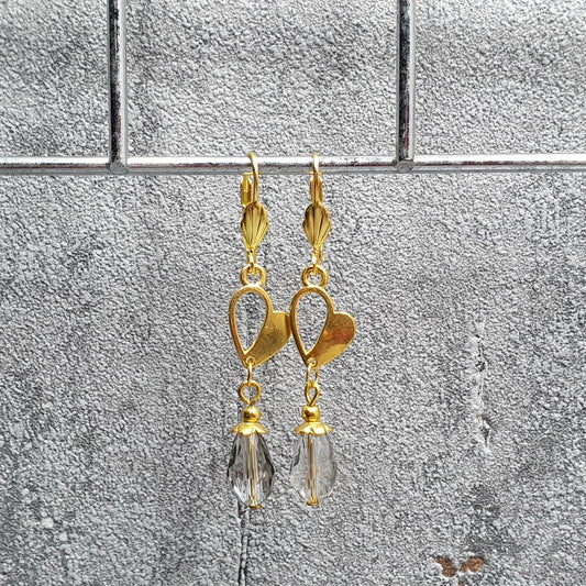 Ohrhänger Brisuren Vergoldet Herzen Tropfen aus Kristallglas
