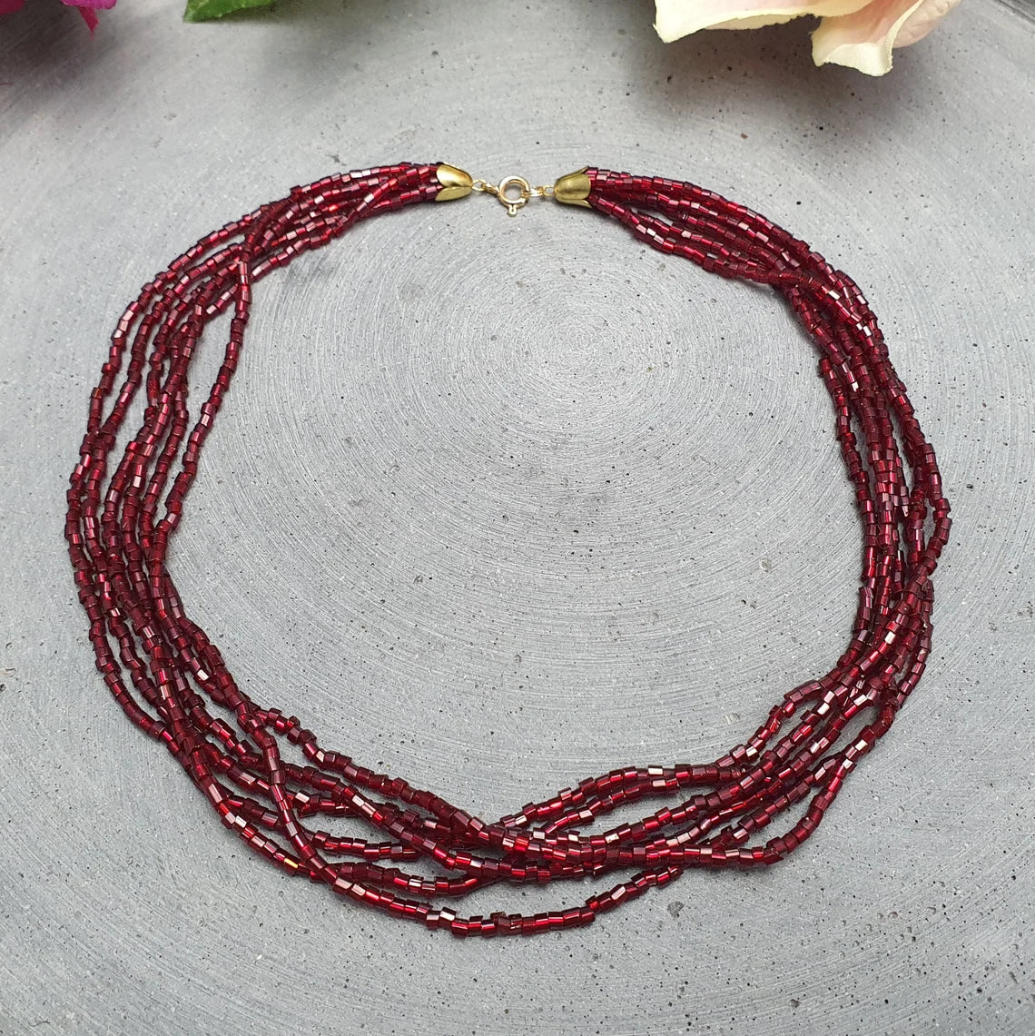 Choker Multistrang, Buggle Beads, Stiftperlen, dunkelrot