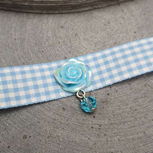 Halsband, Kropfband, Vichy Karoband Blau, mit Röschen