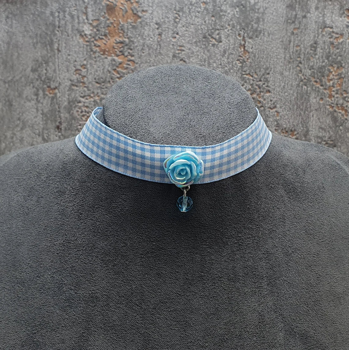 Halsband, Kropfband, Vichy Karoband Blau, mit Röschen