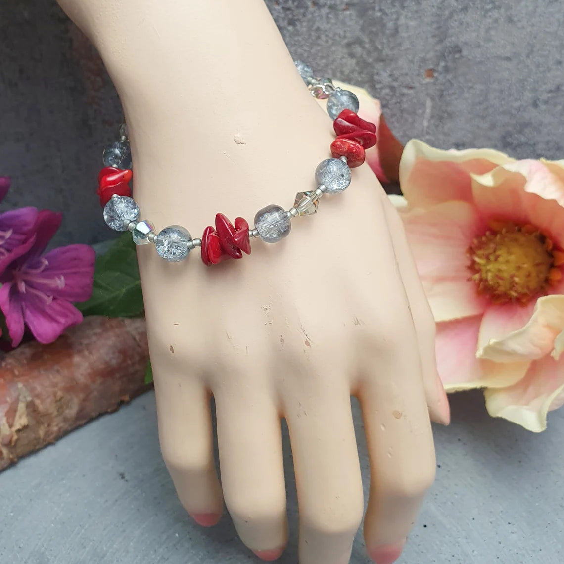 Armband, rote Schaumkoralle, Glasperlen, 19,5cm+