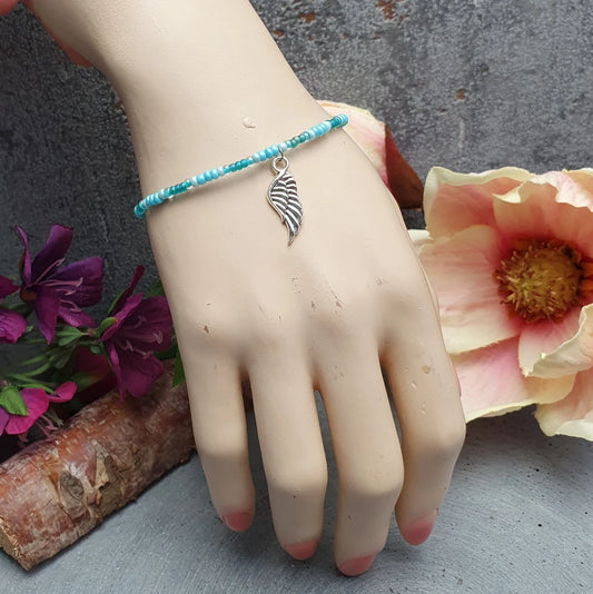 Armband, Rocailles, Preciosa, Miyuki Delica, Glasperlen, Türkisblau, Engelsflügel, 17,5cm+