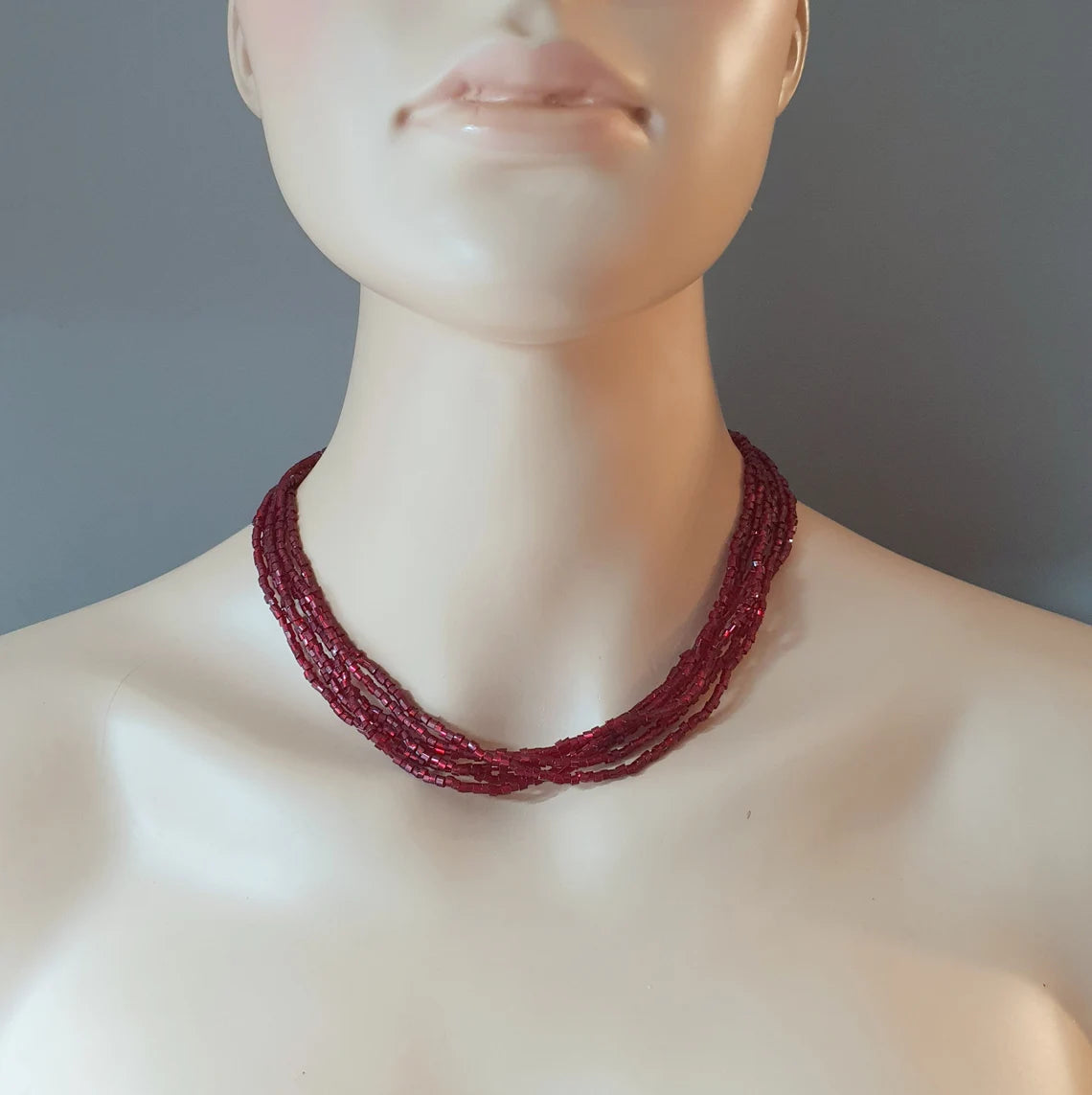 Choker Multistrang, Buggle Beads, Stiftperlen, dunkelrot