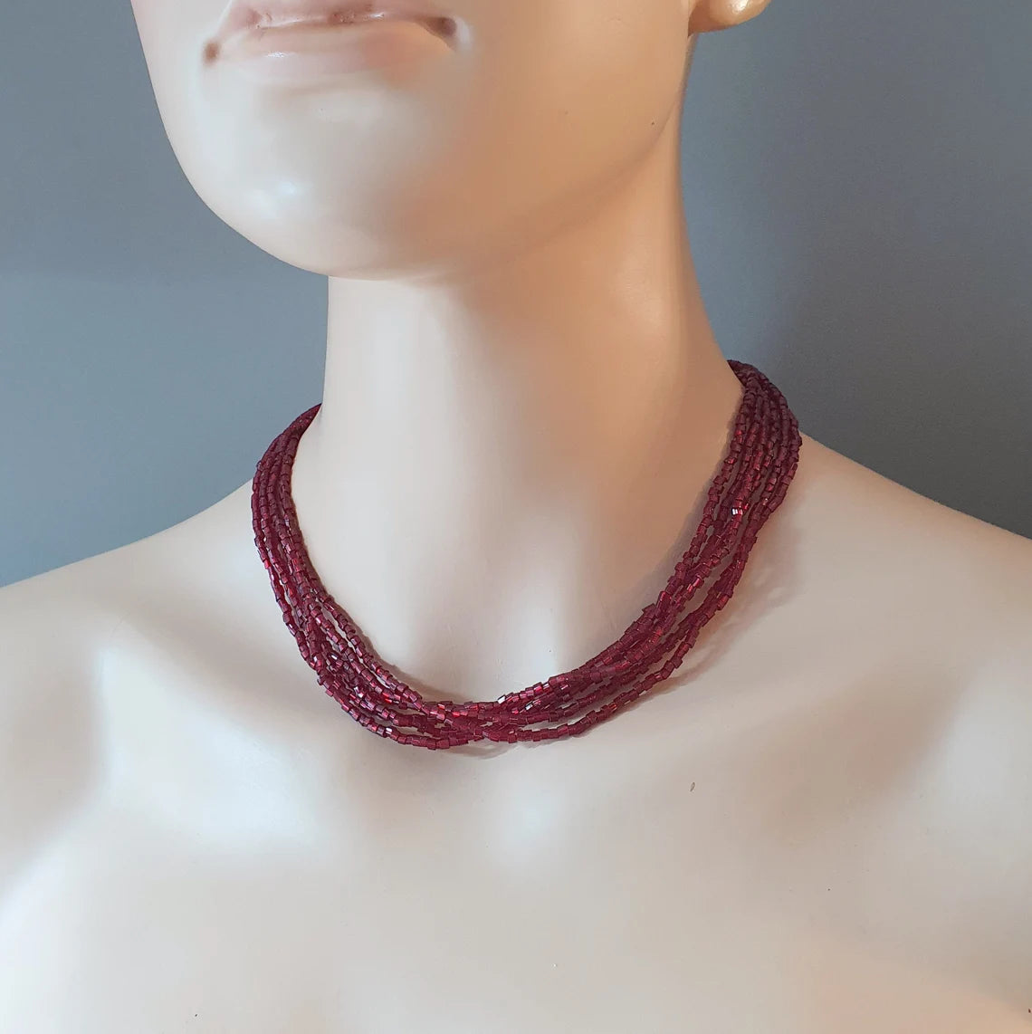 Choker Multistrang, Buggle Beads, Stiftperlen, dunkelrot