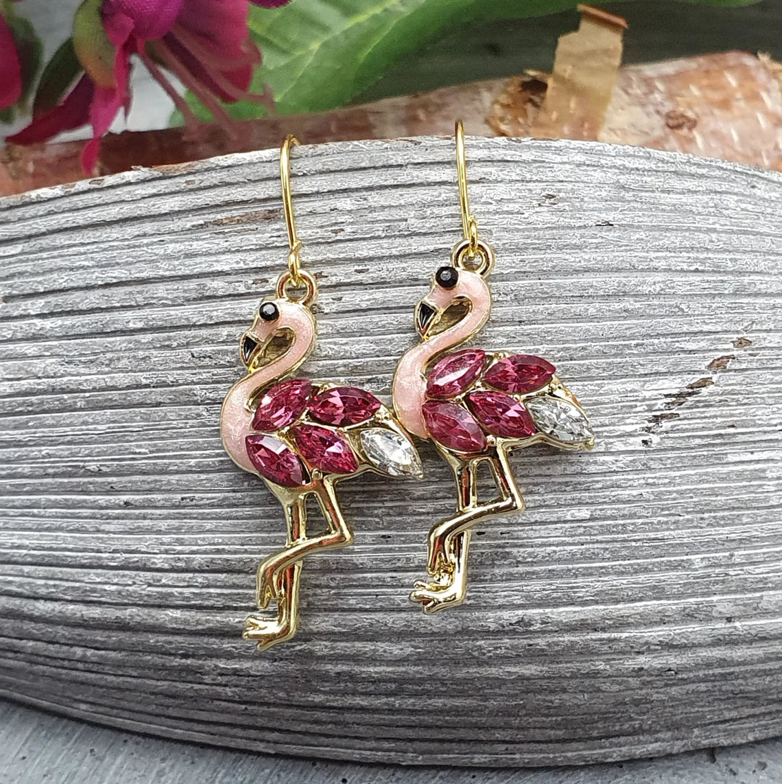 Ohrhänger Flamingo, pinker Strass, vergoldet