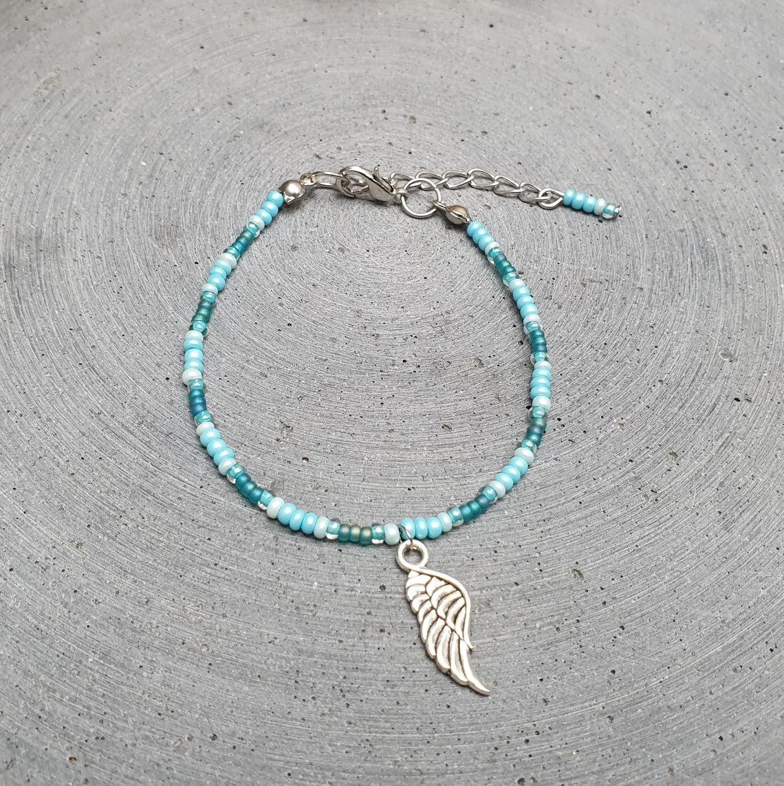 Armband, Rocailles, Preciosa, Miyuki Delica, Glasperlen, Türkisblau, Engelsflügel, 17,5cm+