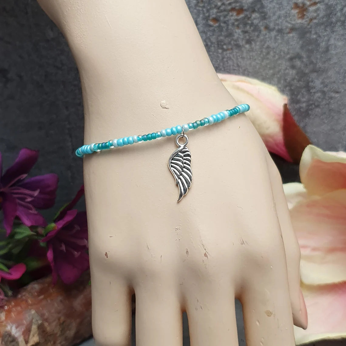 Armband, Rocailles, Preciosa, Miyuki Delica, Glasperlen, Türkisblau, Engelsflügel, 17,5cm+
