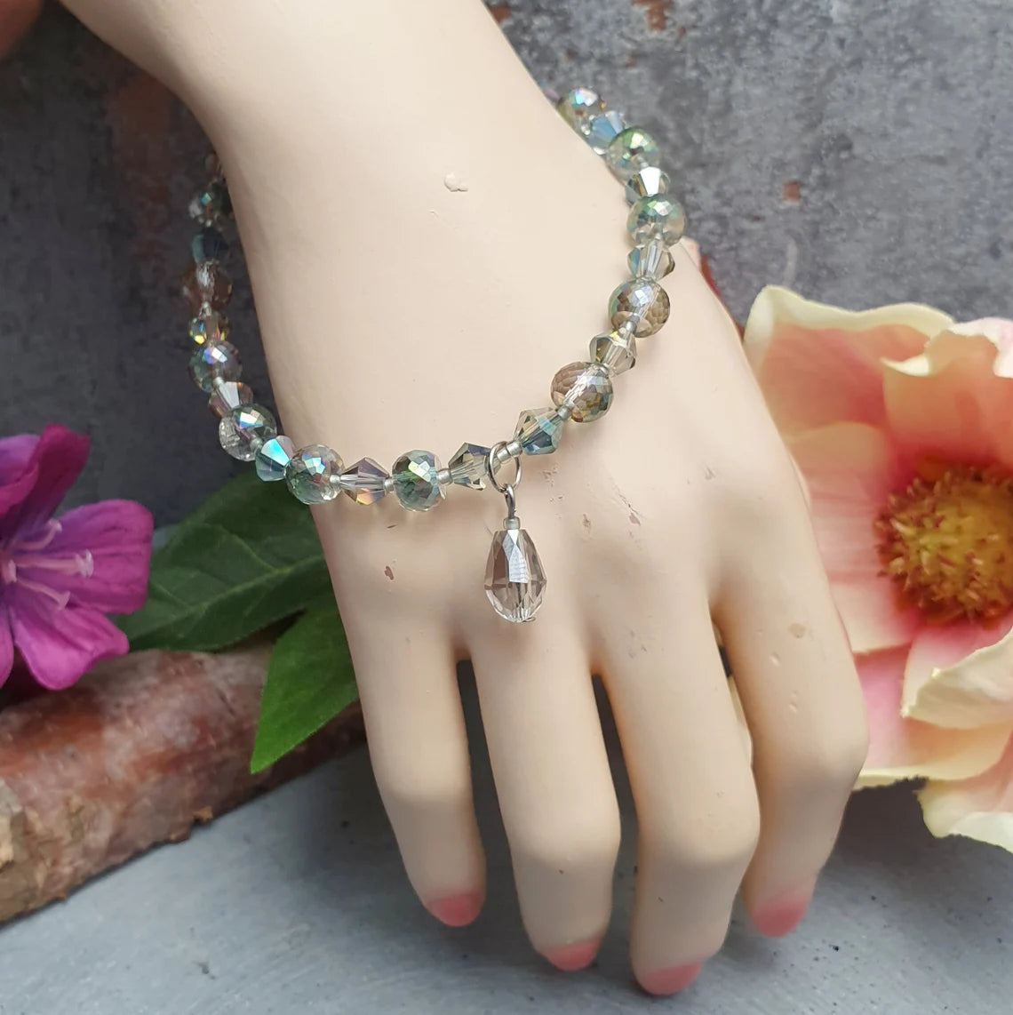 Armband, Kristallglas, Grau AB, 22cm+