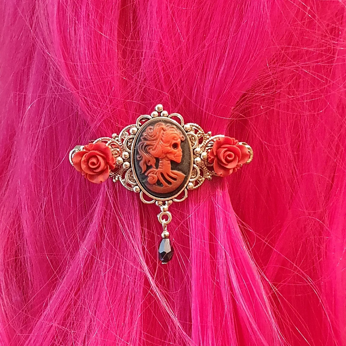 Haarspange, Cabochon Skeleton Woman, schwarz/rot, silberfarbig
