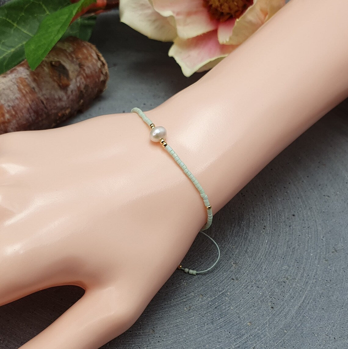 Armband, Mint, Süßwasserperle, Delicas, Größenverstellbar