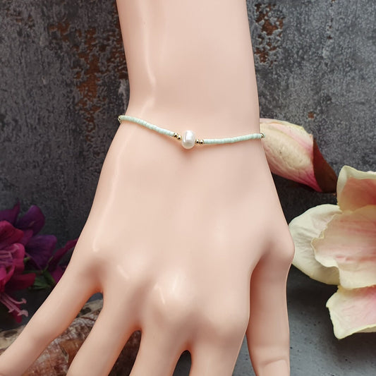 Armband, Mint, Süßwasserperle, Delicas, Größenverstellbar