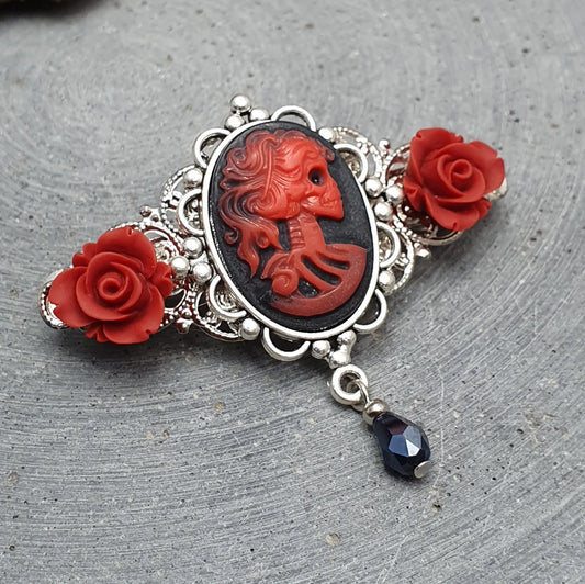 Haarspange, Cabochon Skeleton Woman, schwarz/rot, silberfarbig