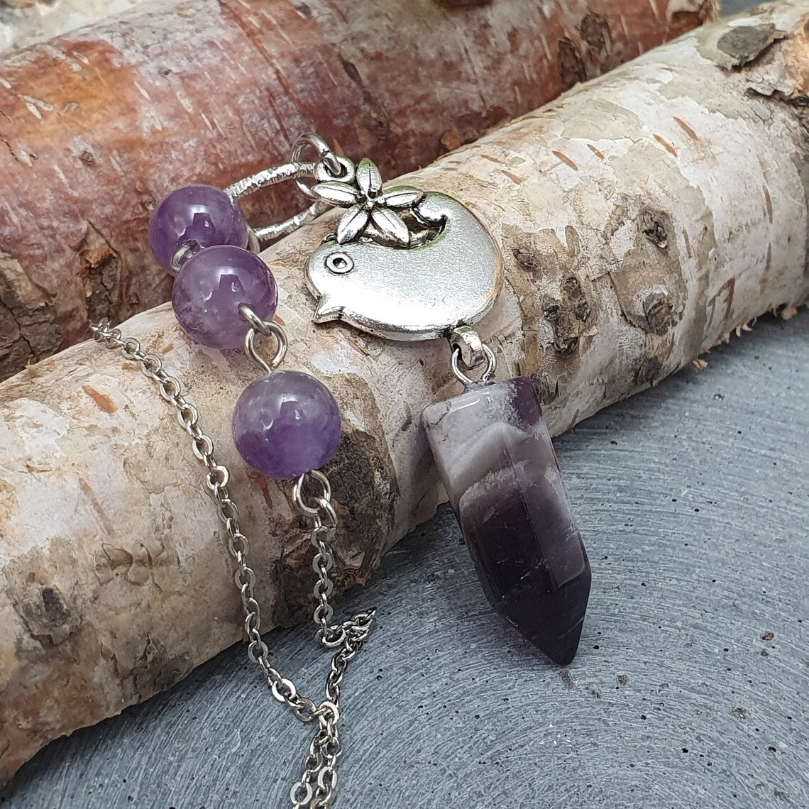 Kette mit Pendel, Objektivität, Pendulum, Amethyst, Vogel
