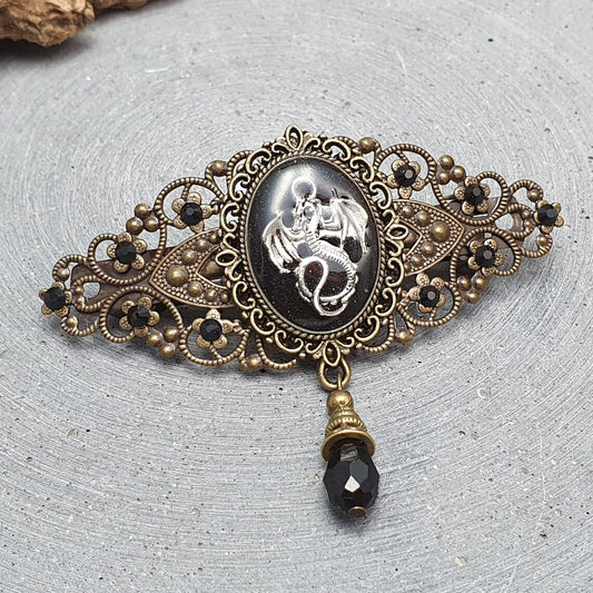 Haarspange Nostalgie, Drachen, Straß, Bronzefarbig, Gothic, Haarschmuck