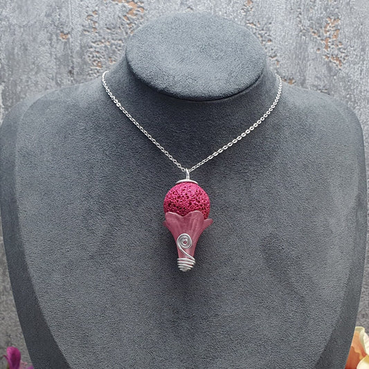 Kette Edelstahl, pinke Lavakugel in rosa Blüte, WireWire, Aludraht